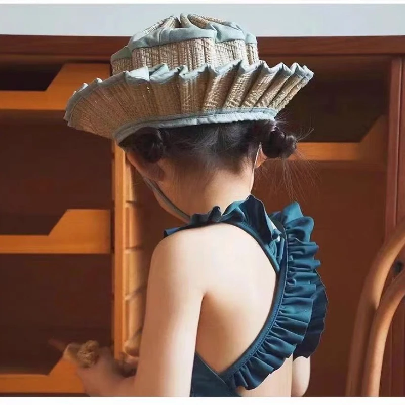 Sombrero de sol plisado plegable para mujer, sombrero de paja con tirantes, estilo informal para padres e hijos, protector solar para playa al aire