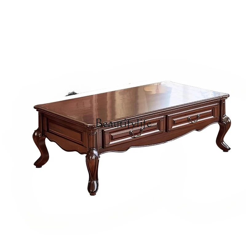 

American neoclassical gold silk teak all solid wood long coffee table furniture curved legs large coffee table
