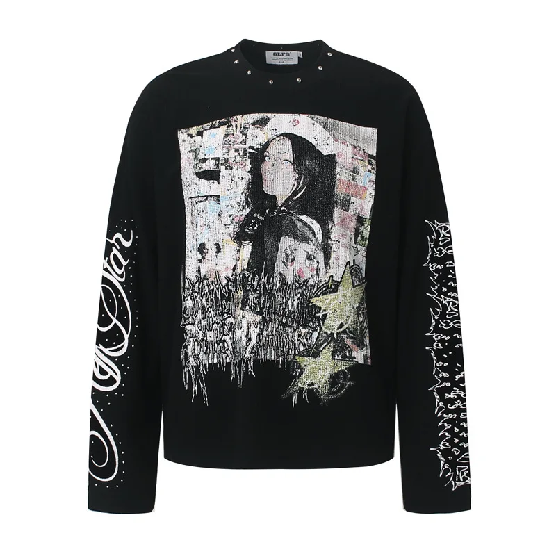 Men's High Street Graffiti T Shirt With Rivets Fashion Streetwear Printed Long Sleeve Tees Vintage Retro Loose Fit Hip Hop Tops