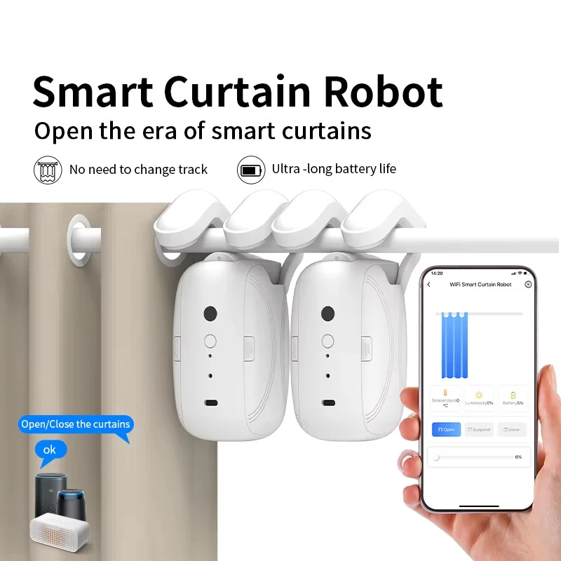 Wi-Fi Smart Curtain Robot – Voice Control, Roman Rod Track, App Remote Control, Compatible with Alexa & Google Home