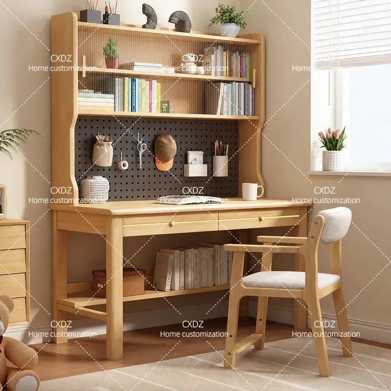 Solid Wood Desk with Integrated Bookshelf Student Writing Table with Pegboard for Bedroom Home Office Homework Study Station
