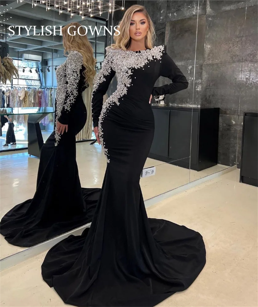 Dubai Evening Black Elegant Dress Beaded Rhinestone Prom Dress 2024 Luxury Gown Birthday Long Sleeve Mermaid Customized