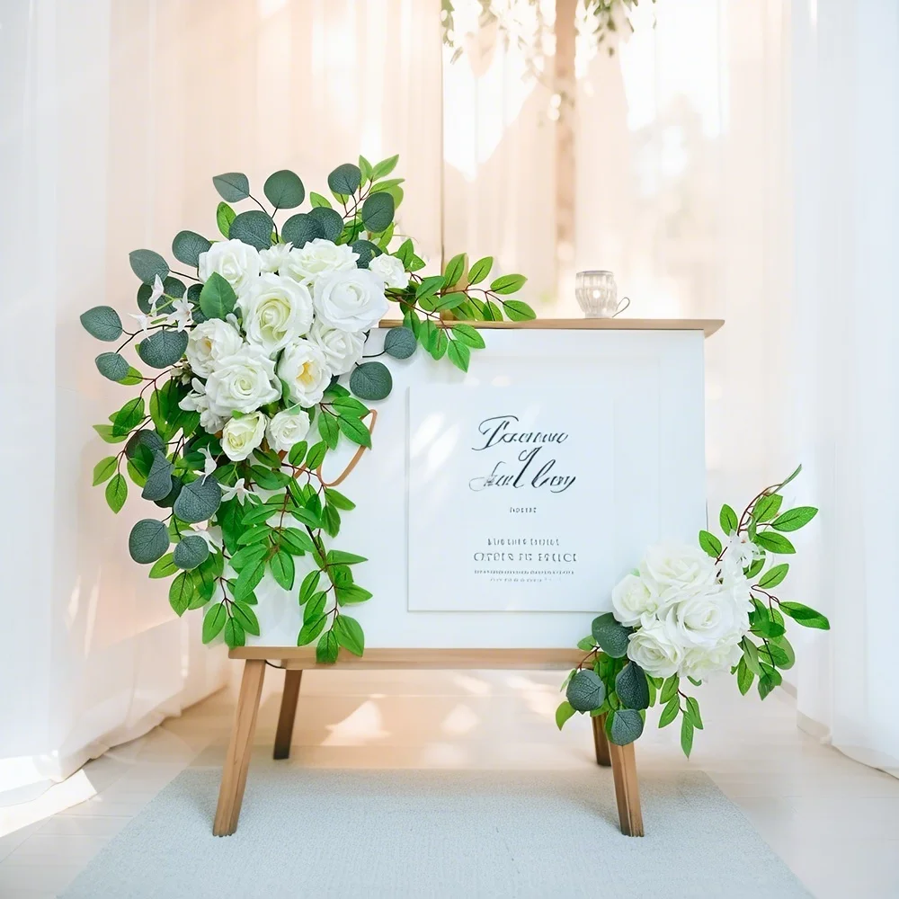 

Wedding Artificial Roses Welcome Sign Wedding Logo Background Decorative Silk Peony Curved Arched Flowers Reception Flowers