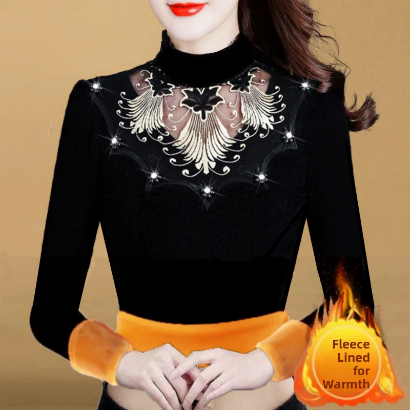 Thickened Fleece Long Sleeve Base Shirt Women's Autumn Winter Yellow Fluffy Lace Mesh Half High Collar plus Size Warm Top