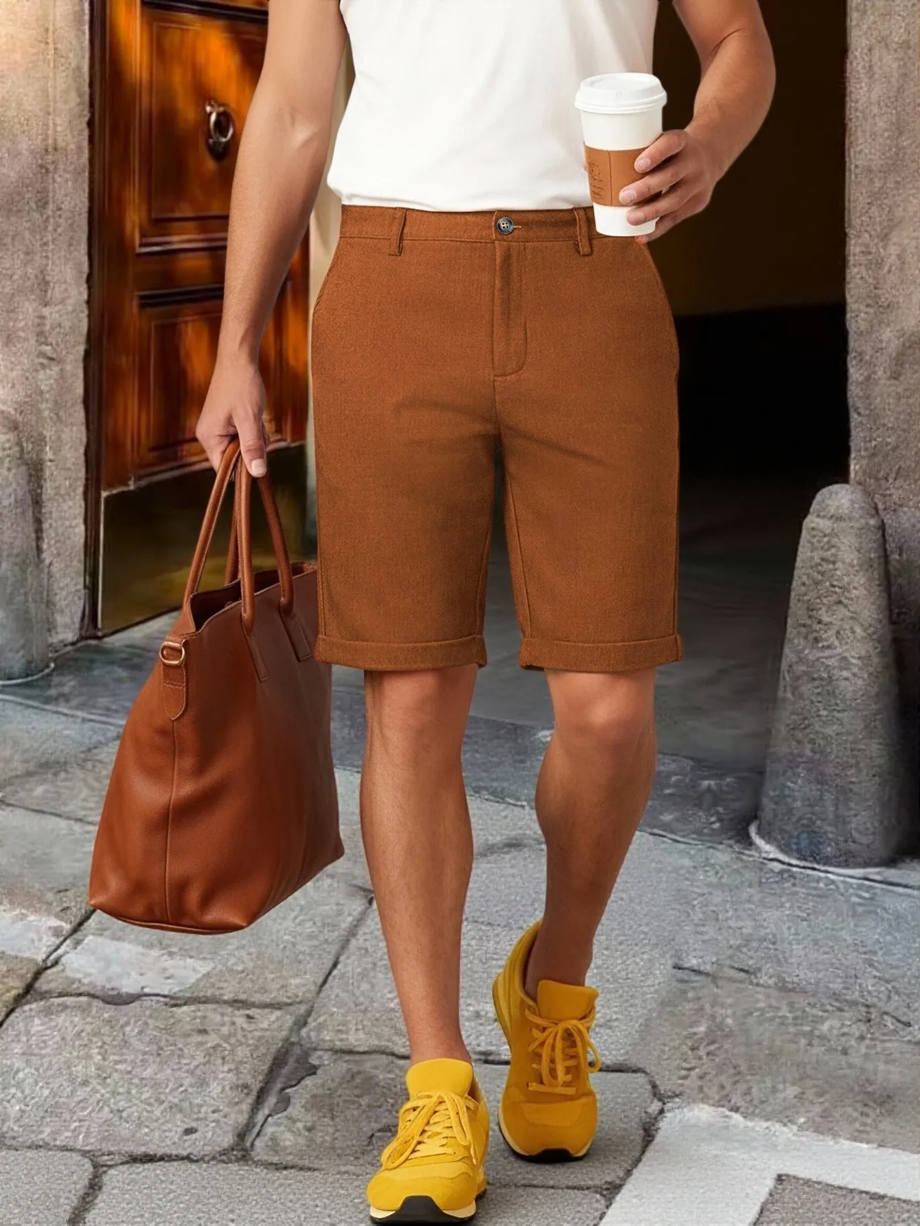 Shorts Chino Slim - Men Cuffed Hem Knee Length Chino