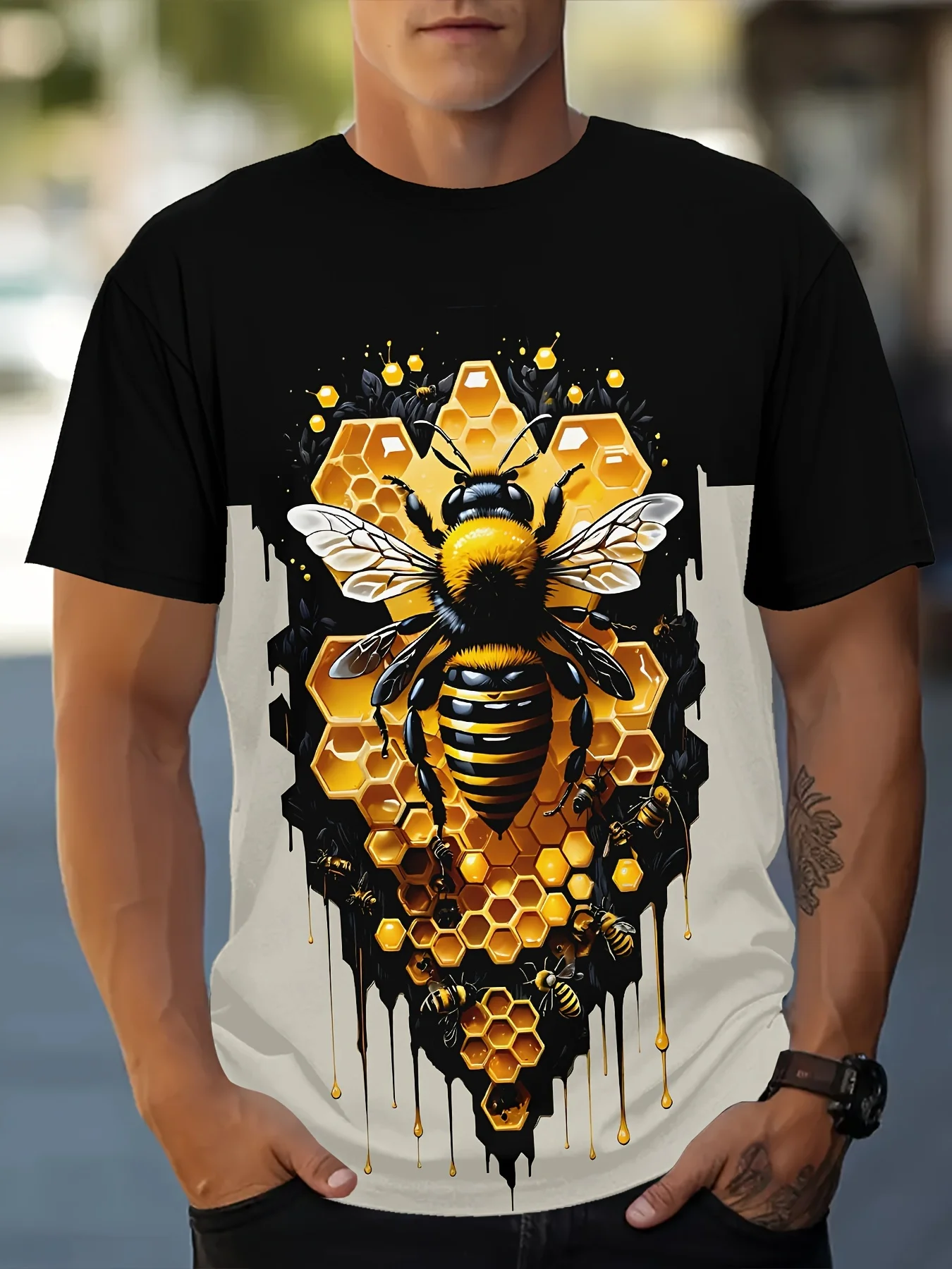 

Summer Men's T-Shirt Bee Pattern Print Pullover Outdoor Casual Crew Neck Short Sleeve T-Shirt Fashion Male Oversized Clothing