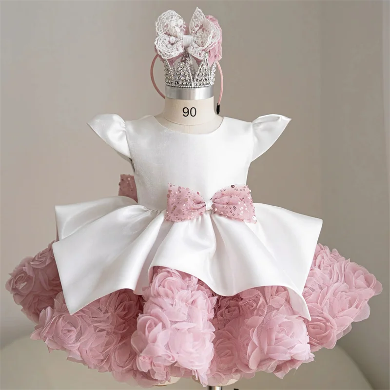 Baby Kids Princess Satin Flowers Pearls Flower Girl Dress Children First Communion Dress Ball Gown Wedding Party Dress Birthday