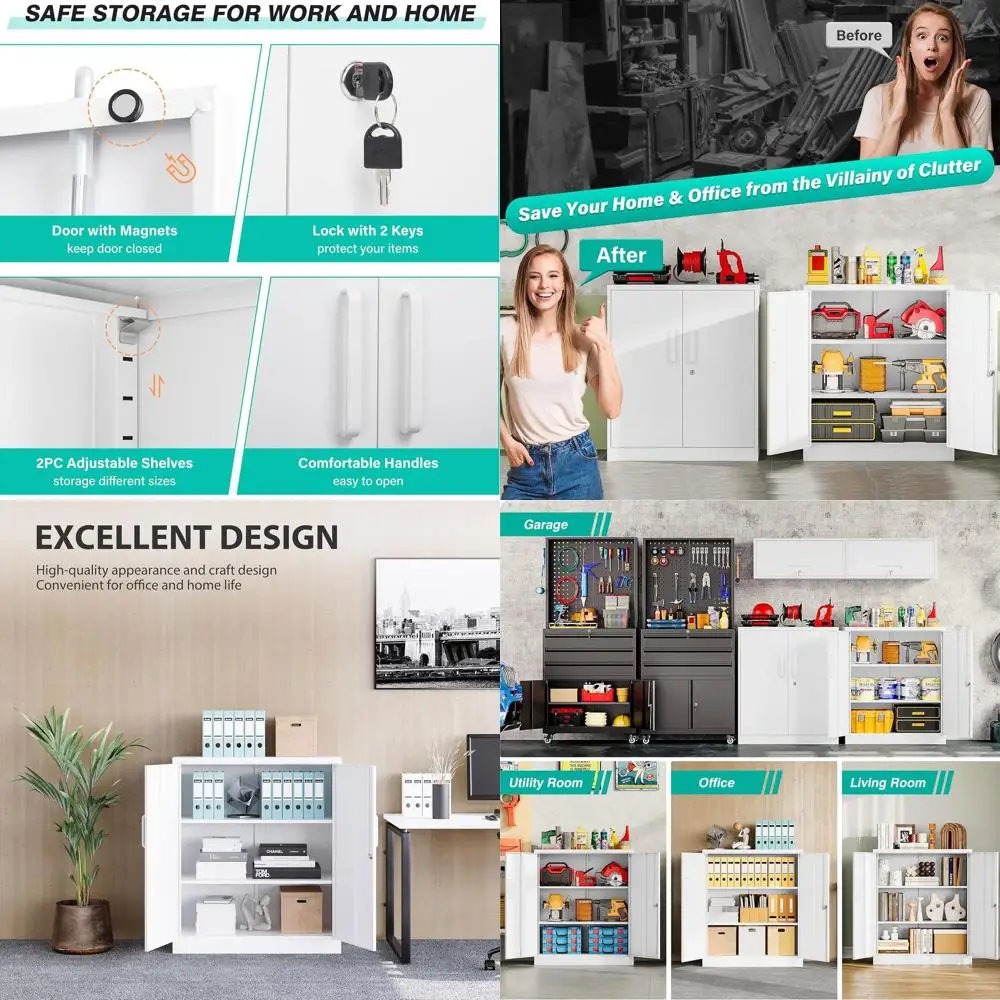 

White 36 Metal Storage Cabinet with Doors, Shelves, and Lock for Home, Office, and Garage Use