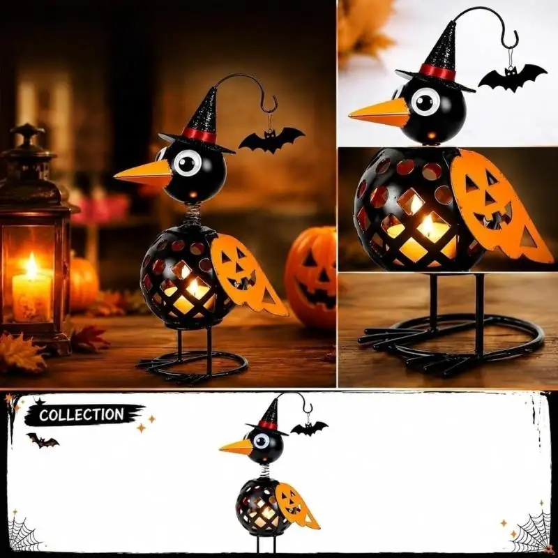 Wrought Iron Crow And Pumpkin Ornament Halloween Candle Holder Metal Bird Decor With Lantern Vintage Jack O Lantern Table Statue