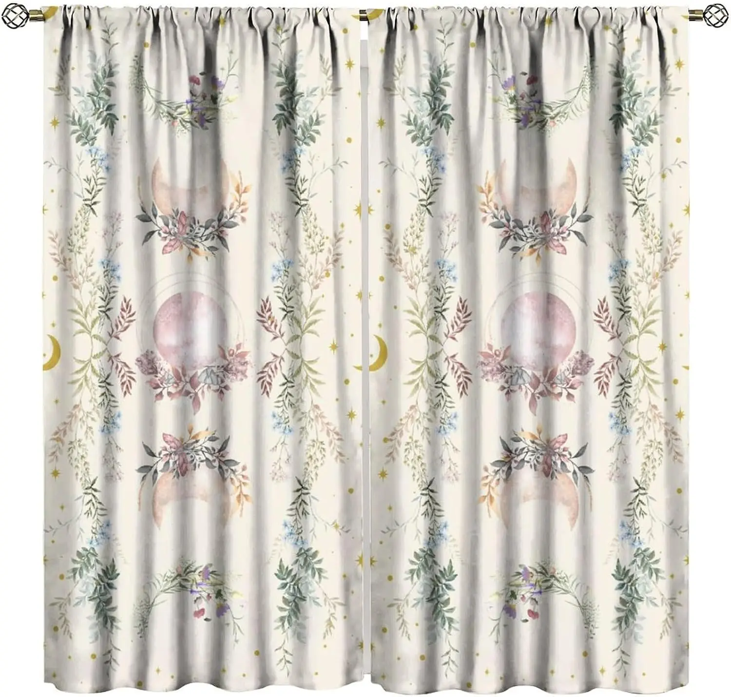 Vintage Lunar Floral Curtain Beige Watercolor Vine Flower Moon Star Boho Minimalist Light Blocking Drape For Villa Dorm Resort