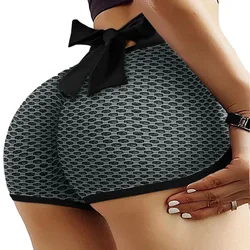 High Waisted Peach Buttocks Yoga Pants Honeycomb Fitness Shorts Back Waist Bow Yoga Pants for Women