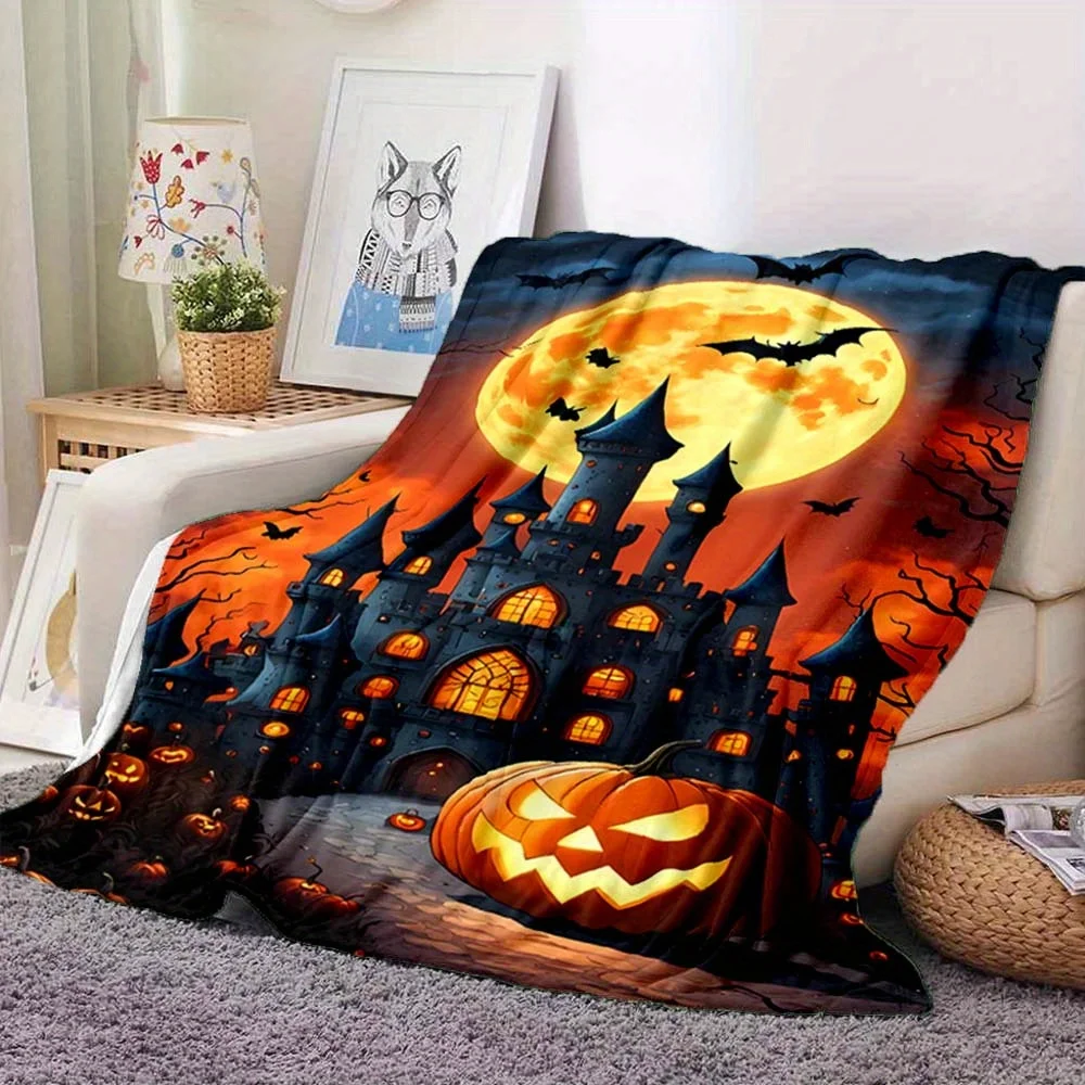Cozy Halloween-Themed Fleece Blanket - Spooky Castle, Bat & Pumpkin Design | Soft, Warm For Sofa, Bed, Travel & Camping
