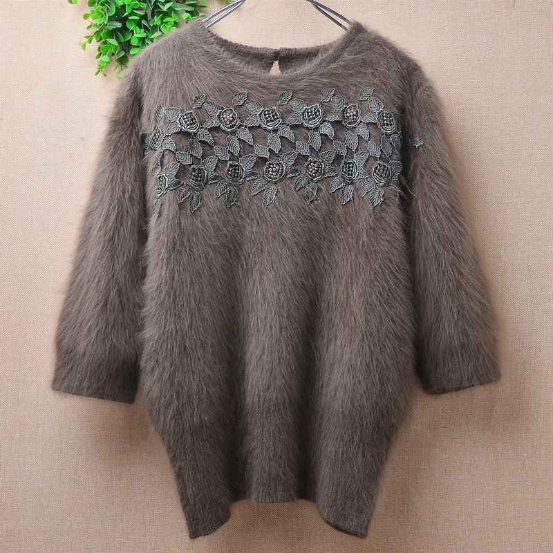 04 Ladies Women Vintage Fall Winter Hairy Angora Rabbit Hair Knitted Short Sleeves O-Neck Slim Blouses Pullover Sweater Vest Top