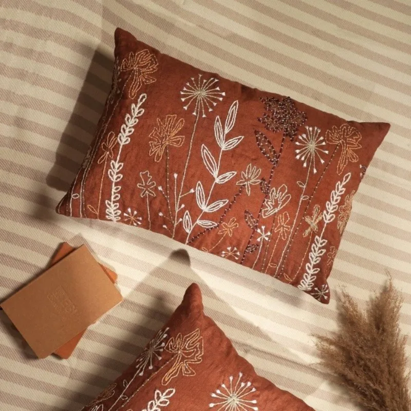 Linen Embroidered Lumbar Pillow Cotton Polyester Handcrafted Floral Design Timeless Natural Cushion Home Decor Gift