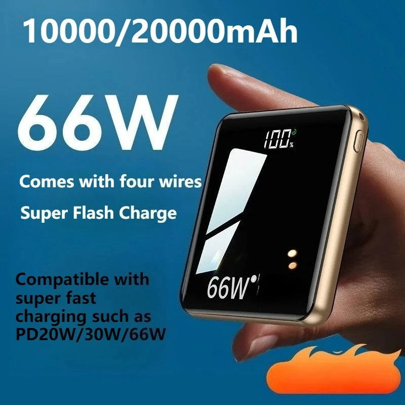 66 Вт Power Bank 10000/20000 мАч Ультратонкий, зеркальный, портативный, встроенный кабель, мини-быстрая зарядка Power Bank Сертификация 3C