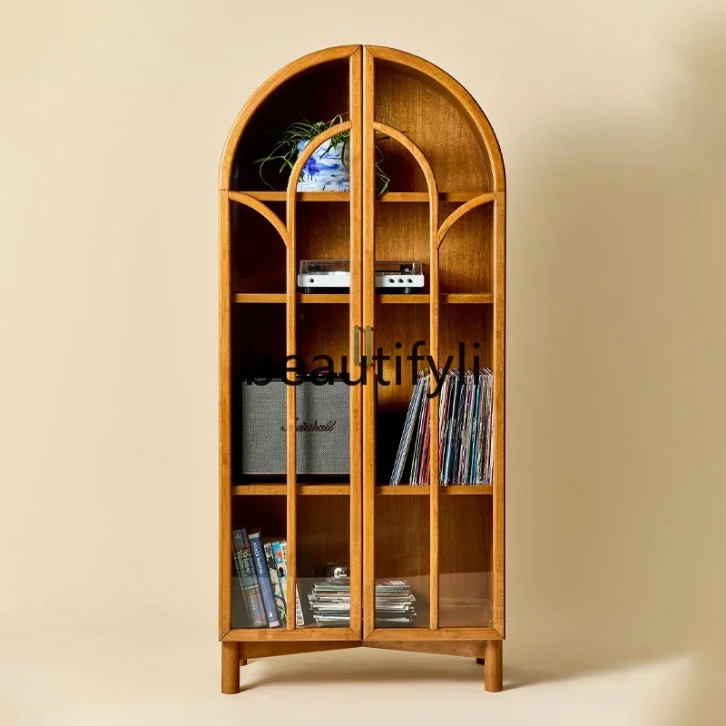 GG French retro solid wood bookcase, living room glass door display cabinet, storage light luxury wine cabinet