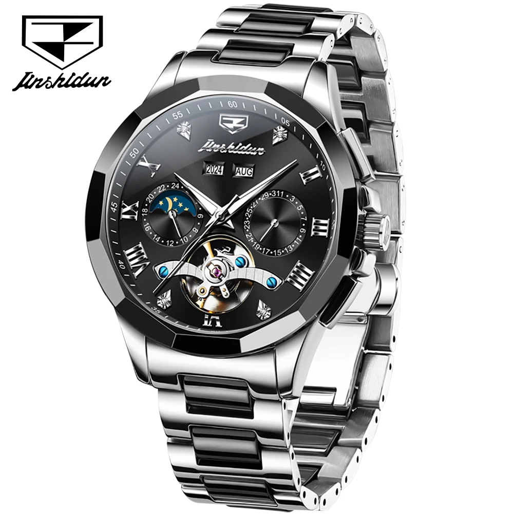 JINSHIDUN 8949 Watches For Men Hollow Flywheel Moon Phase Automatic Mechanical Wristwatch Calendar Waterproof Luminous Man Watch