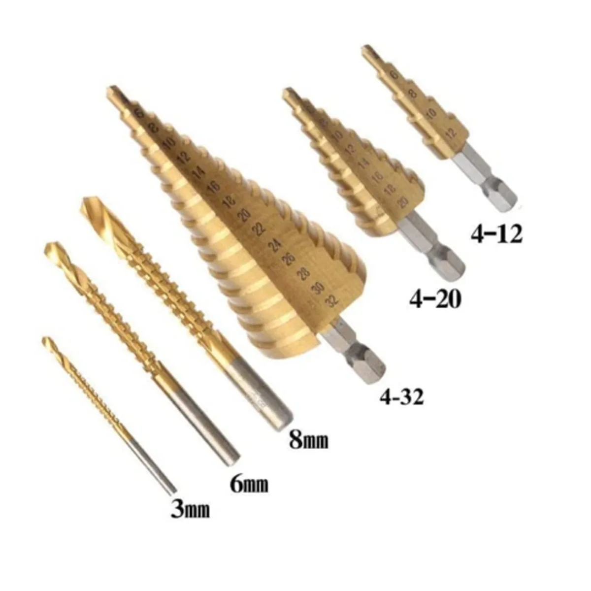 

6 шт. HSS ступенчатое сверло, пила, набор сверл, титановая фреза, сверло по металлу, дереву, для деревообработки, открывалка для металлических сердечников, круглая