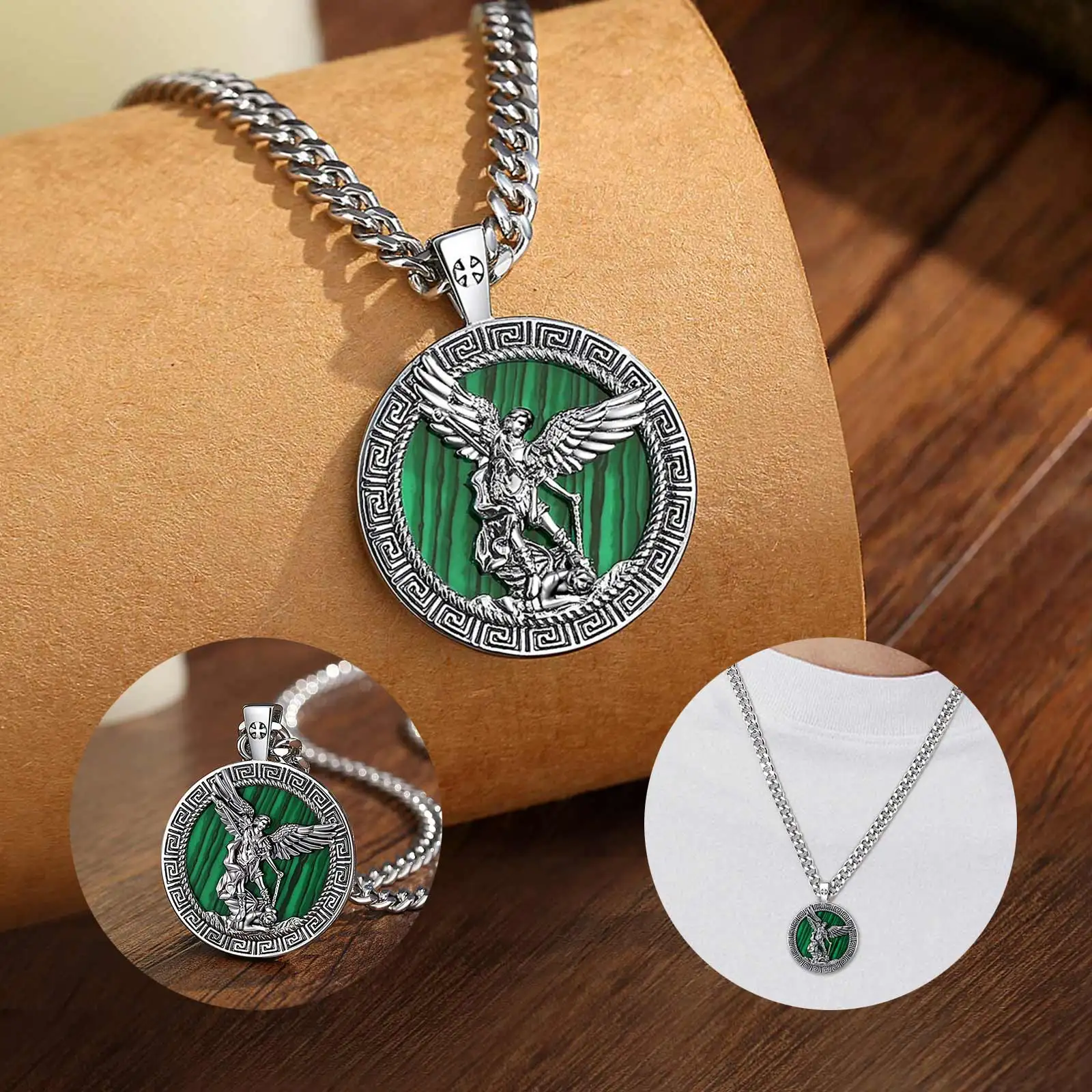 Eudora Copper Malachite Saint Michael Necklace Archangel Medal Pendant Christian Amulet Religious Jewelry Gift for Men Woman view 3