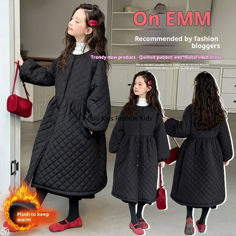 

Girls' Winter Coat Knee-Length Quilted Cotton Jacket Diamond Pattern Arrival Stylish Mid-to-Large Sizes Quilted Dress Coat