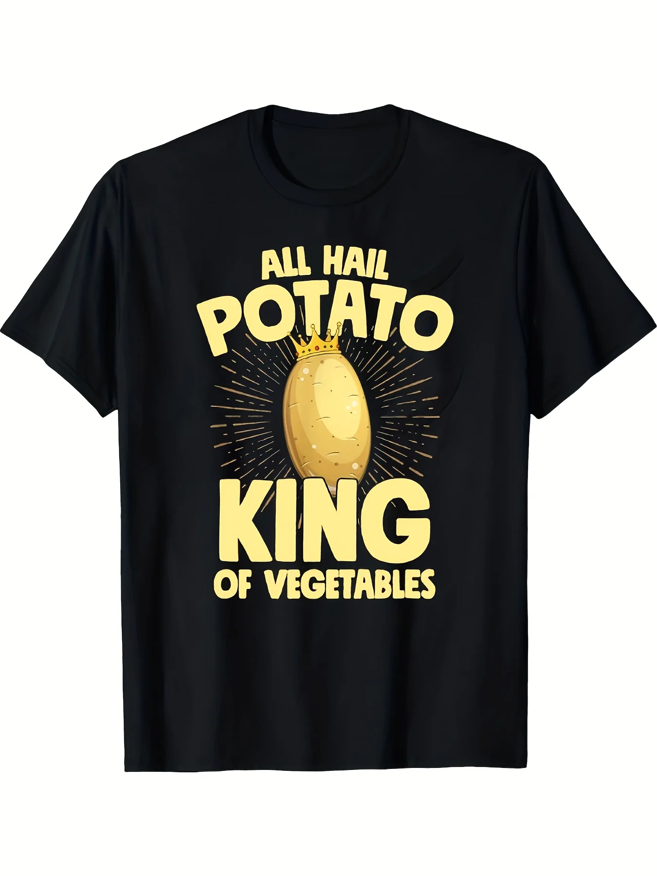 Summer Men'S Fun 'Long Live The King of Vegetables, Potato' Graphic T-Shirt, Black with Yellow Print, Casual Round Neck Short Sleeves, Lightweight And Breathable, Suitable for Everyday Wear, Vegetable-Themed T-Shirt