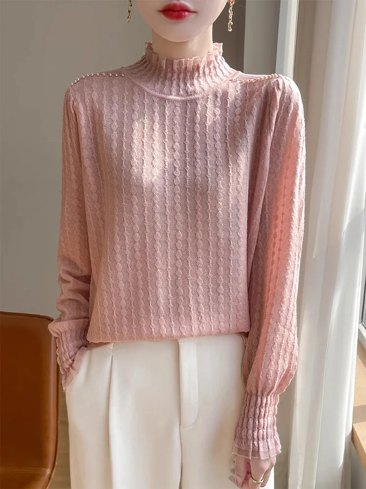 

Осень-зима 2024, новинка, женские трикотажные длинные свеки с высоким воротником и кружевной отделкой, теплая внутренняя одежда, Turtlene Swe...