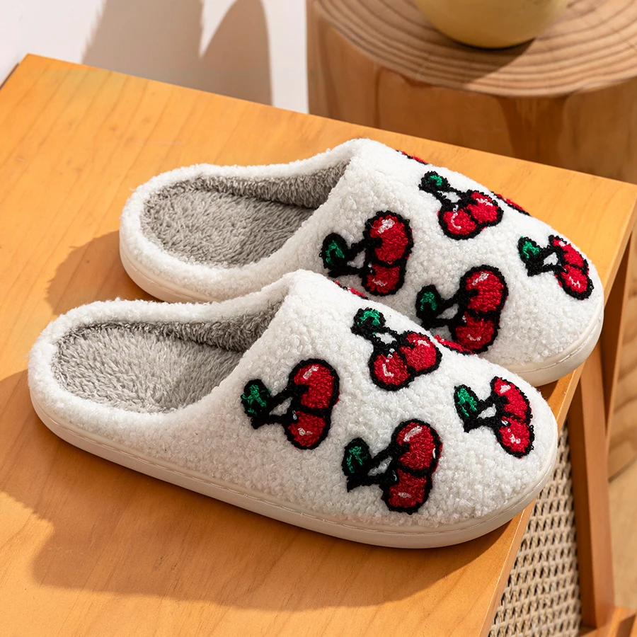 

Children's Slippers Adorable Cherry House Slippers Warm Fuzzy Footwear Gift Cozy Non-Slip Indoor Parent-child Home Shoes