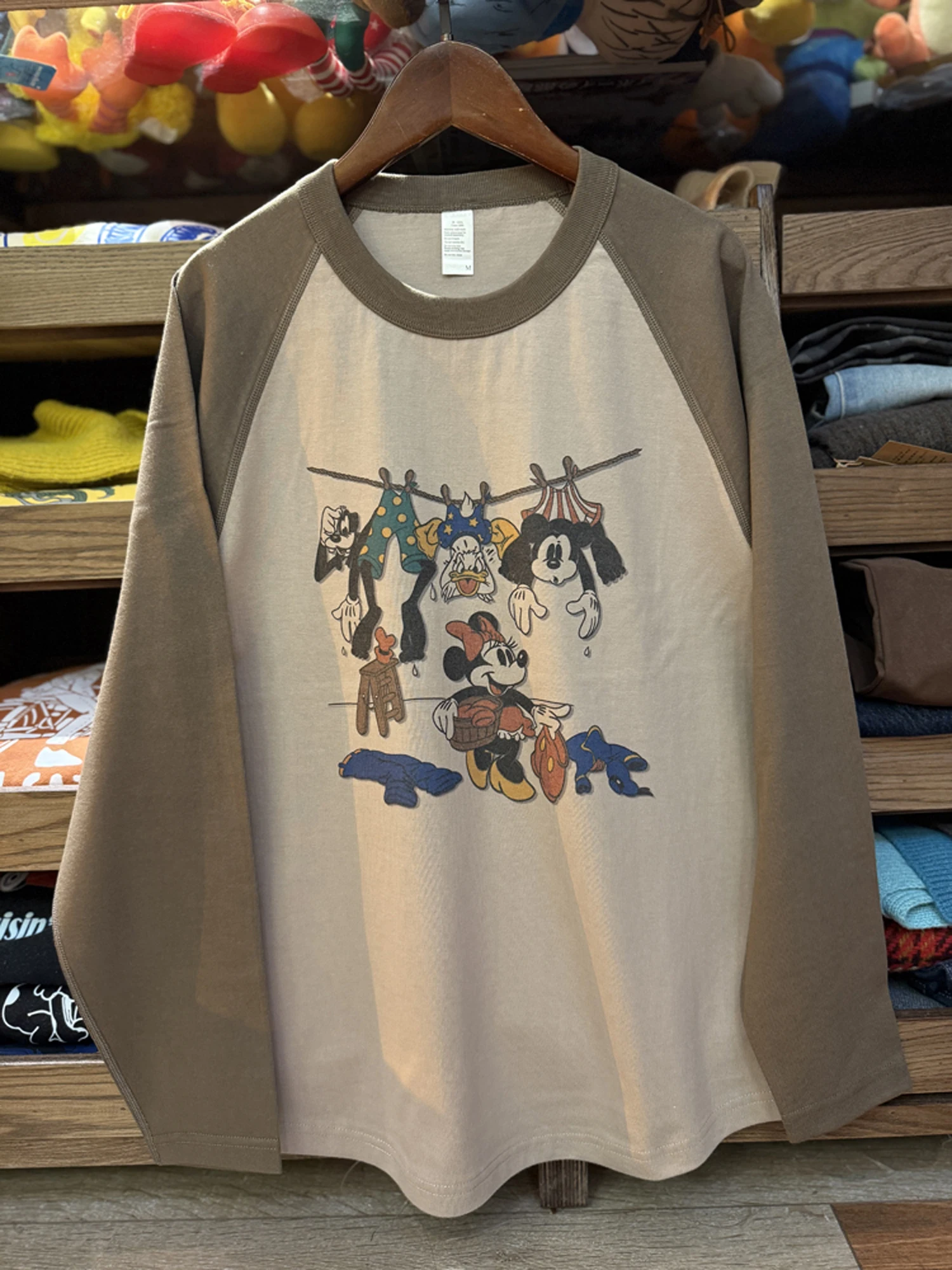 

Retro American Vintage Cartoon oulder Insertion Color Blo Heavyweight Pure Cotton Long Sve T-irt Worn in