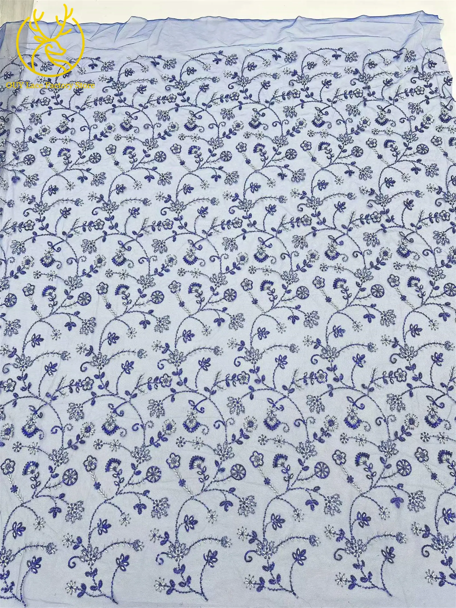 Königsblauer luxuriöser handgefertigter Perlen-Spitzenstoff, 5 Yards, hochwertiger französischer Tüll-Pailletten-Spitzenstoff für Party- und Hochzeitskleider – Detail 26