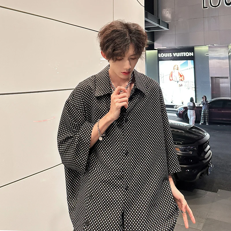 Fashion Plaid Batwing Blouse Men 3/4 Sleeves Elegant Shirt Button Decor Women Tops Oversized Casual Streetwear Party Shirts