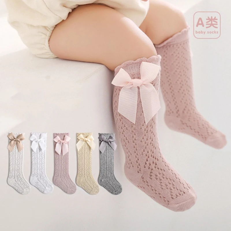 Summer Baby Girls Socks Toddler Bow Long Sock Kids Knee High Soft Cotton Mesh Stocking Spanish Style Hollow Out Lace Socks 0-3Y