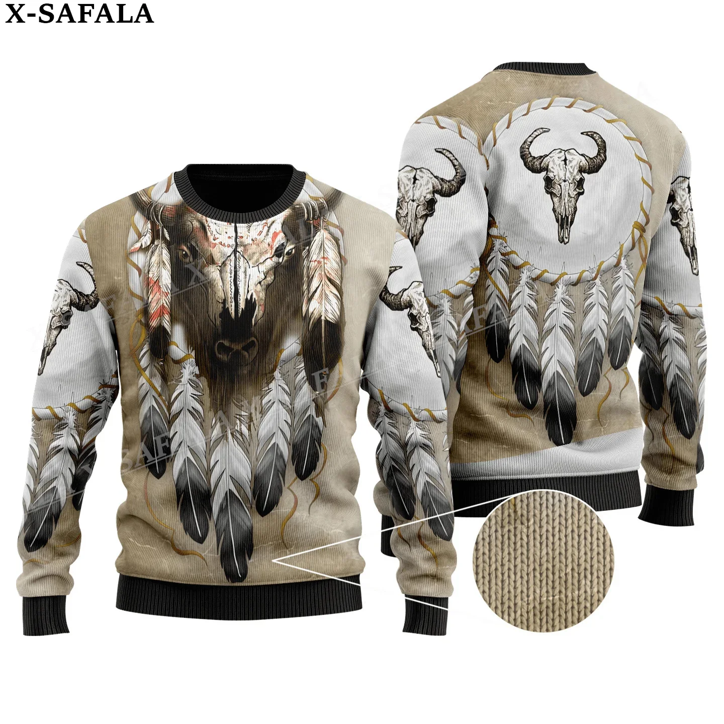 Feather Native Wolf Pattern Ugly Christmas Knit Sweaters Funny Gift Jumpers Tops Couple Holiday Party Unisex Casual-7