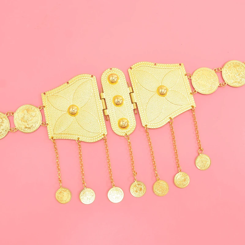 Cadenas de cintura con borla de monedas para mujer, dijes de joyería corporal tallados en oro, cadenas de vientre llamativas, Festival de fiesta étnica árabe