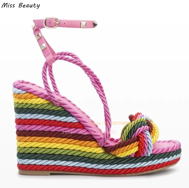 Women's Pink Espadrilles Rockstud Multicolor Rainbow Platform Wedge Shoes High Heel Sandals Woman Lace Up Rivet Shoe