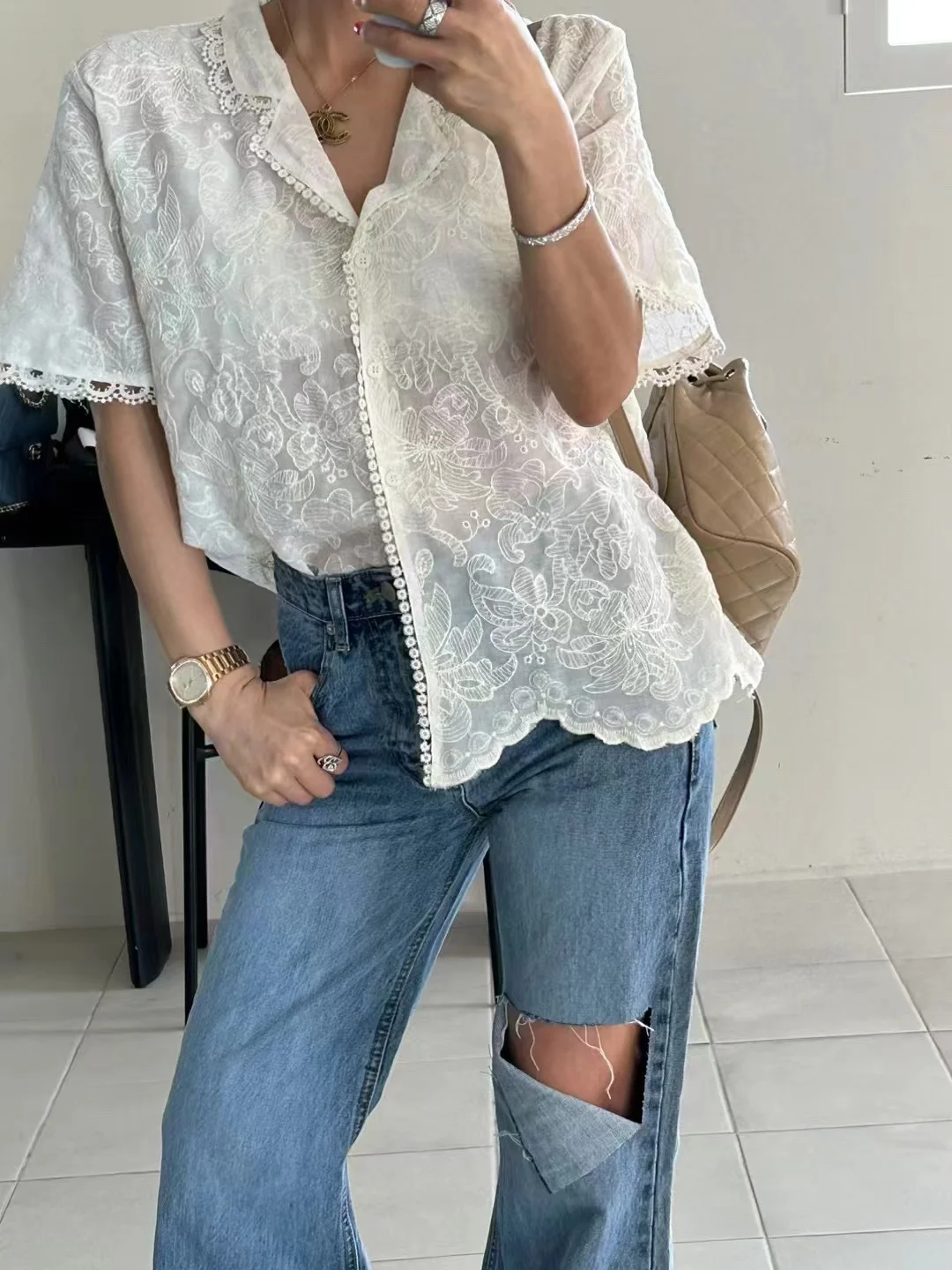 

Elegant Embroidered Loose Fit Shirt for Women with Lace Trim Stand Collar Short Sleeve Cotton Commute Style Versatile Sweet