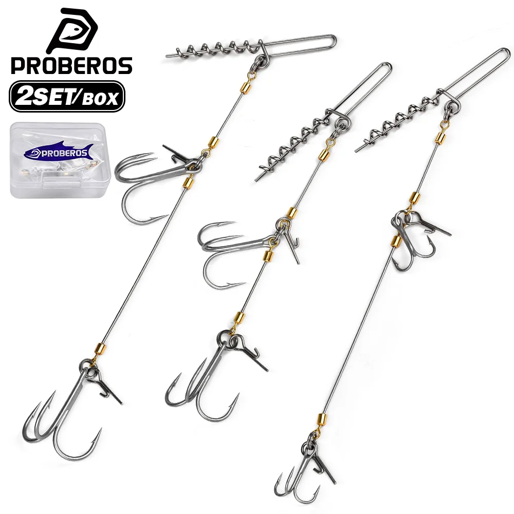 PROBEROS Anti‑Bite Steel Wire Trace Rig 2Sets Twist Lock Spring Soft Lure Connector with Large Snap Swivel Double Treble Hooks