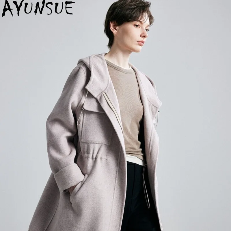 

AYUNSUE 100% шерстяное пальто с капюшоном, пальто средней длины, осенне-зимние пальто для женщин, элегантная одежда для поездок на работу для женщин, сегсия заказа レ puta
