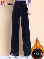 Women Thicken Casual Straight Pants Winter Warm Solid Elastic High Waist Velvet Lined Wide Leg Pantalones Baggy Snow Wear Calca