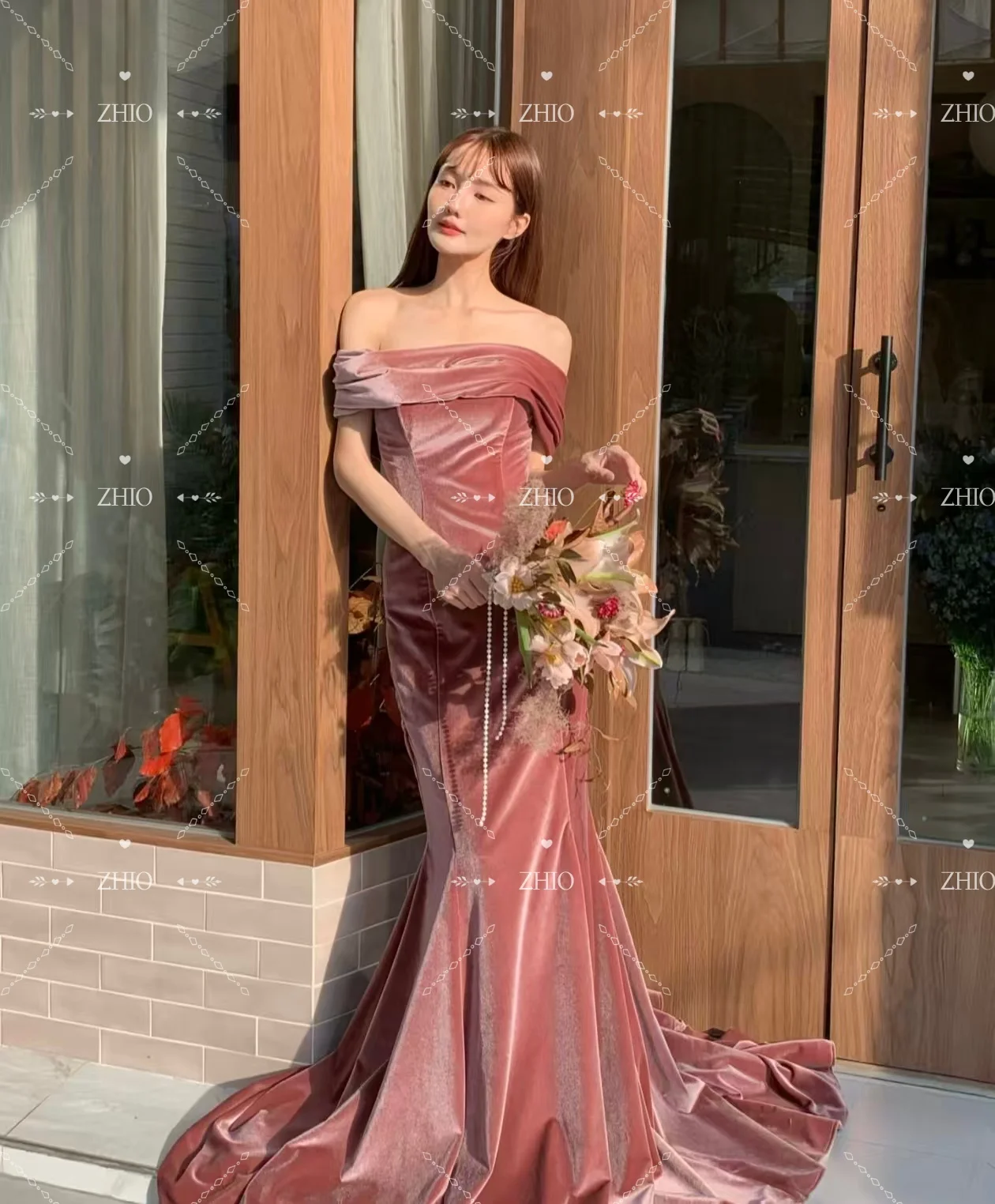 ZHIO Urocza Sukienka Ślubna z Aksamitu w Kolorze Różu, Sukienki Wieczorowe w Stylu Syreny, Sukienka na Sesję Zdjęciową, Suknia na Przyjęcie Weselne, Suknia Ślubna na Zamówienie 웨딩드레스