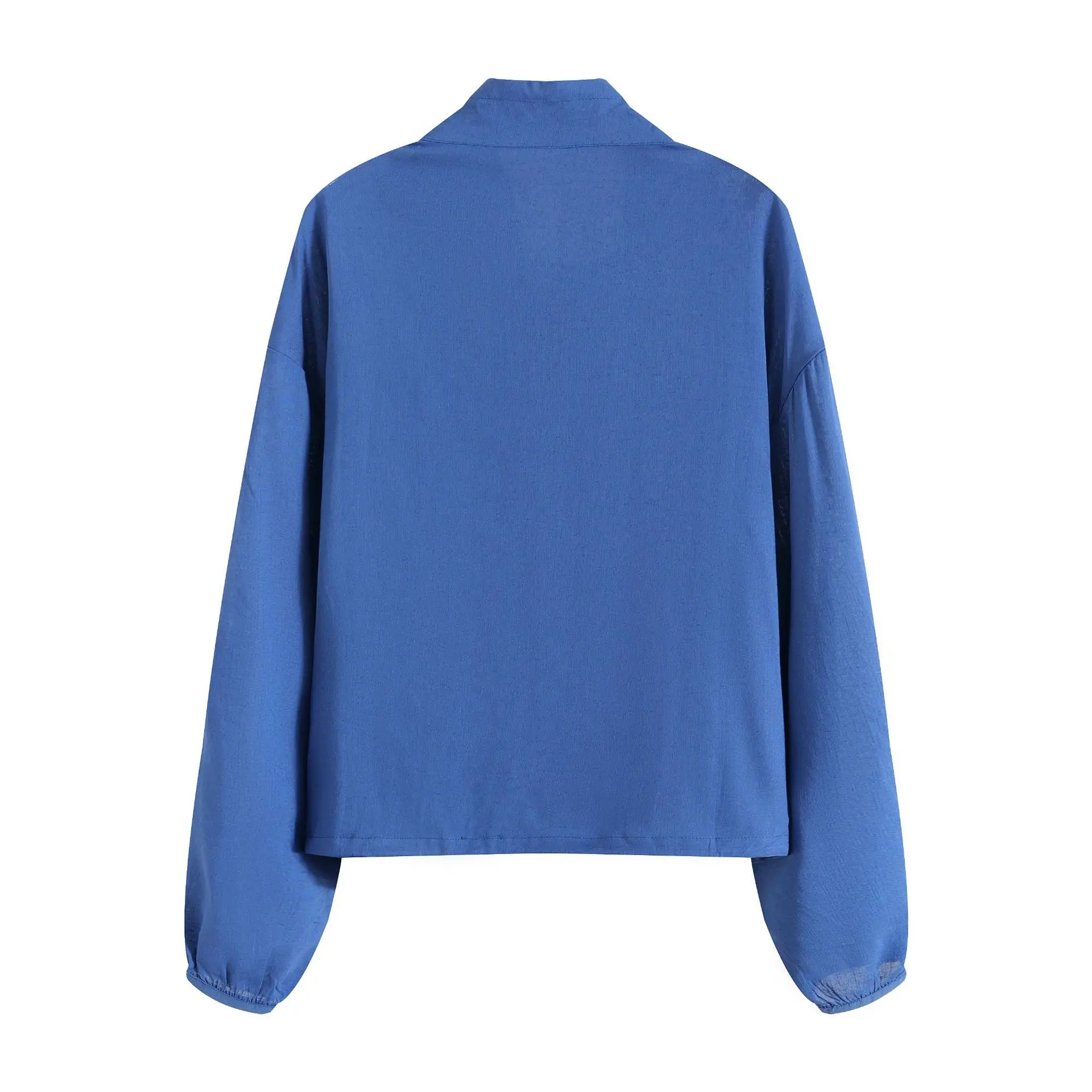 Maxdutti Blue Zipper Jacket 2026 Summer New French Casual Drawstring Stand Up Collar Loose Women's Top