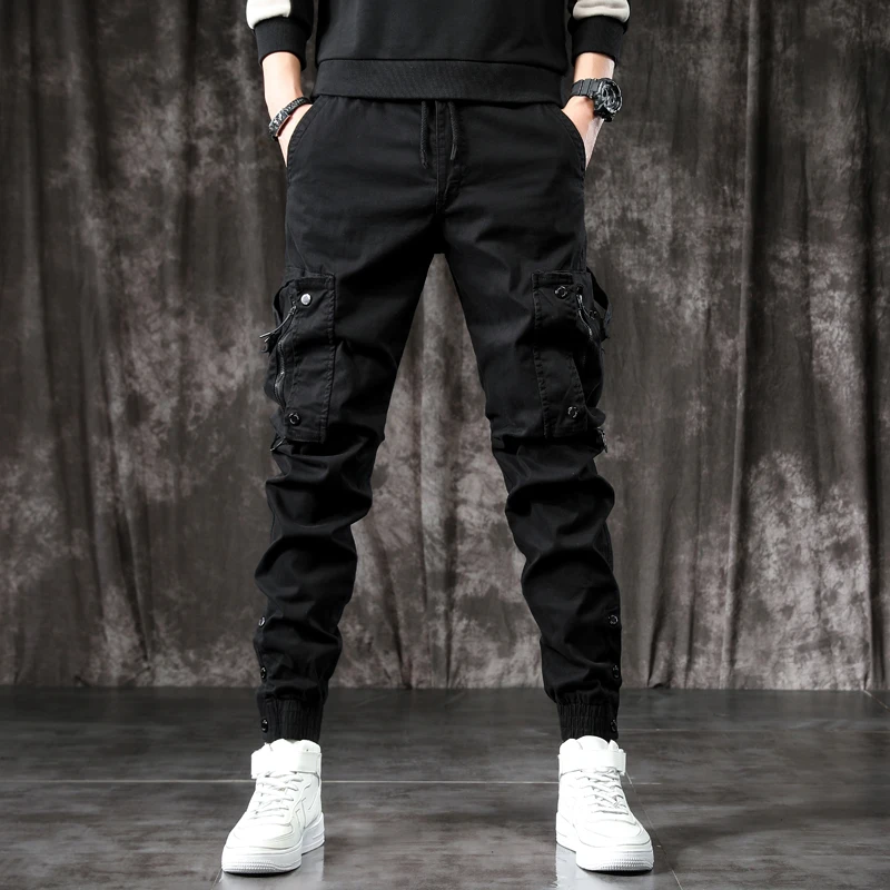 Tactical Multiple Pockets Black Cargo Pants Men Autumn Fashion Casual Cotton Slim Fit Elastic Waist Drawstring Jogging Trousers