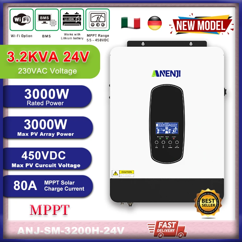 3000W 24V Hybrid Solar Inverter 230VAC Pure Sine Wave Off Grid Inverter Built-in 80A MPPT Solar Charge Controller PV 55-450V