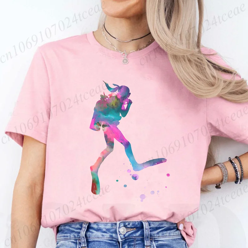 Harajuku T-Shirts Scuba Diving T-Shirt for Women Top Watercolor Scuba Diver T-Shirt Graphic Women Casual T-shirt Aesthetic Tops