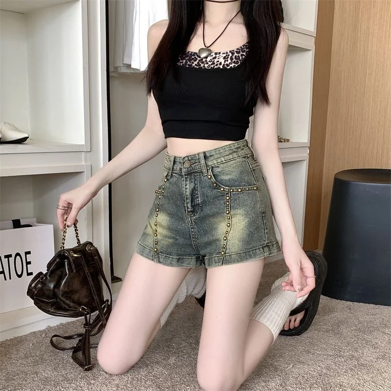 

Summer Girls Chic Vintage Rivet High Waist Denim Shorts Lady Slim Fit Short Jeans Women Fashion Designer Shorts