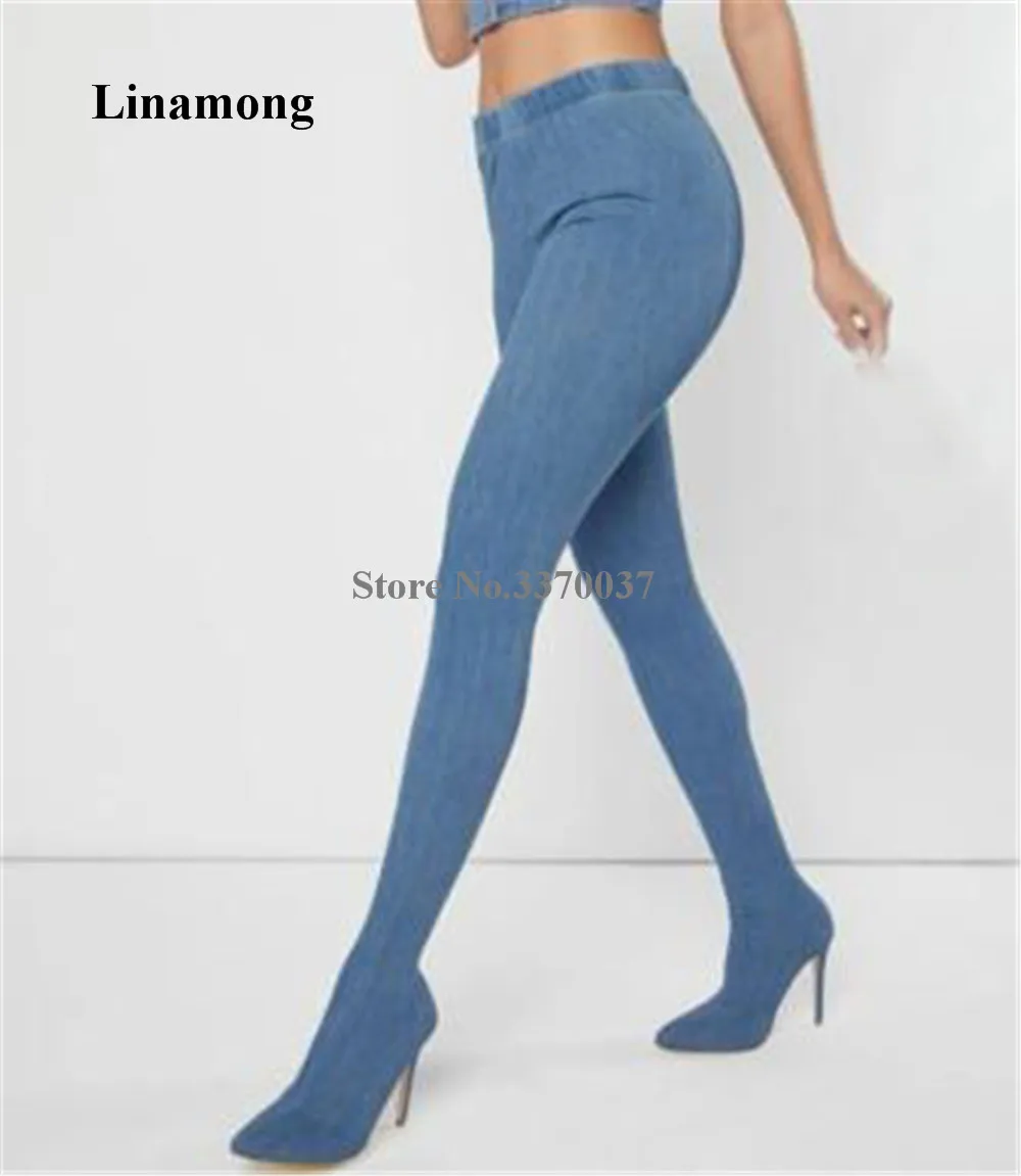 

Linamong Blue Denim Thin Heel Pant Boots Sexy Pointed Toe Waist High Stiletto Heel Elastic Long Jean Boots Party Dress Boots