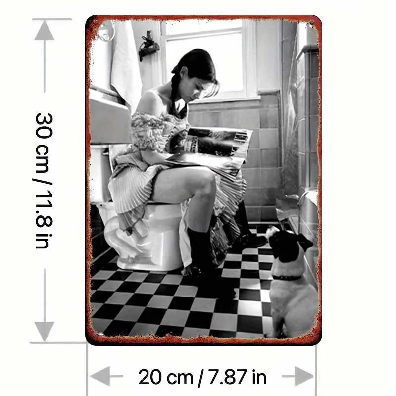 Funny Bathroom Metal Sign – Woman Reading Magazine on Toilet with Pet Dog – Black/White Floor – For Bar, Garage, Garden - view 2