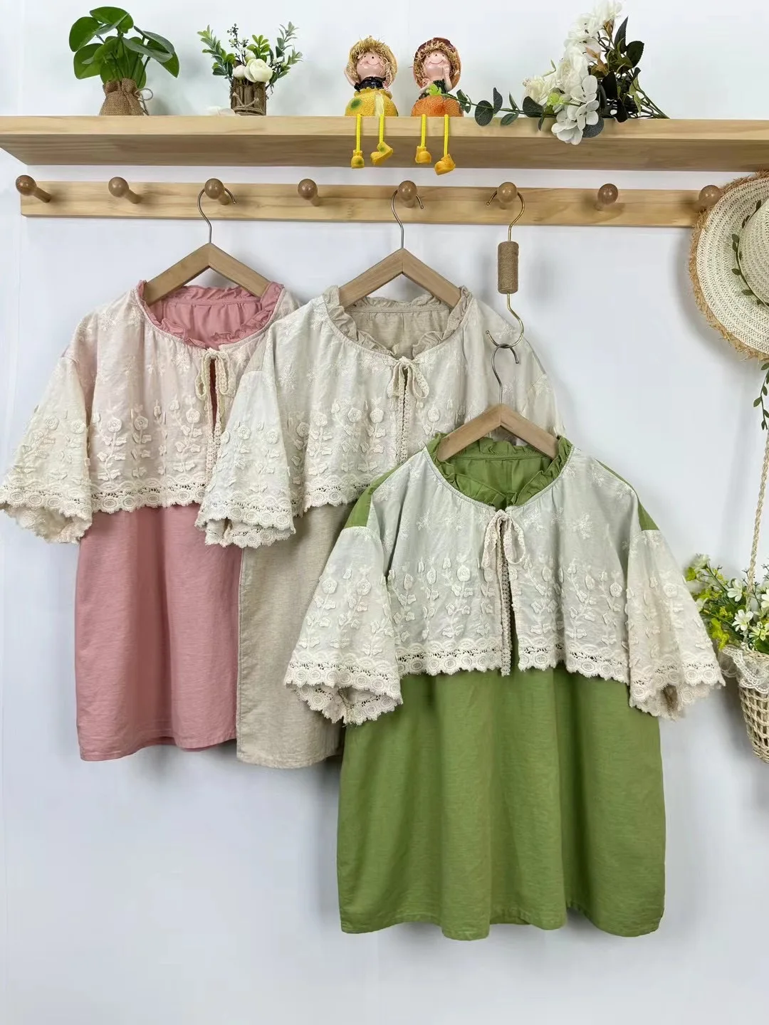 

Renen Sweet Sle ort Sve Embroidered Cotton Linen Blend Heavy Work Court Sle Women's irt Loose Fit round Ne