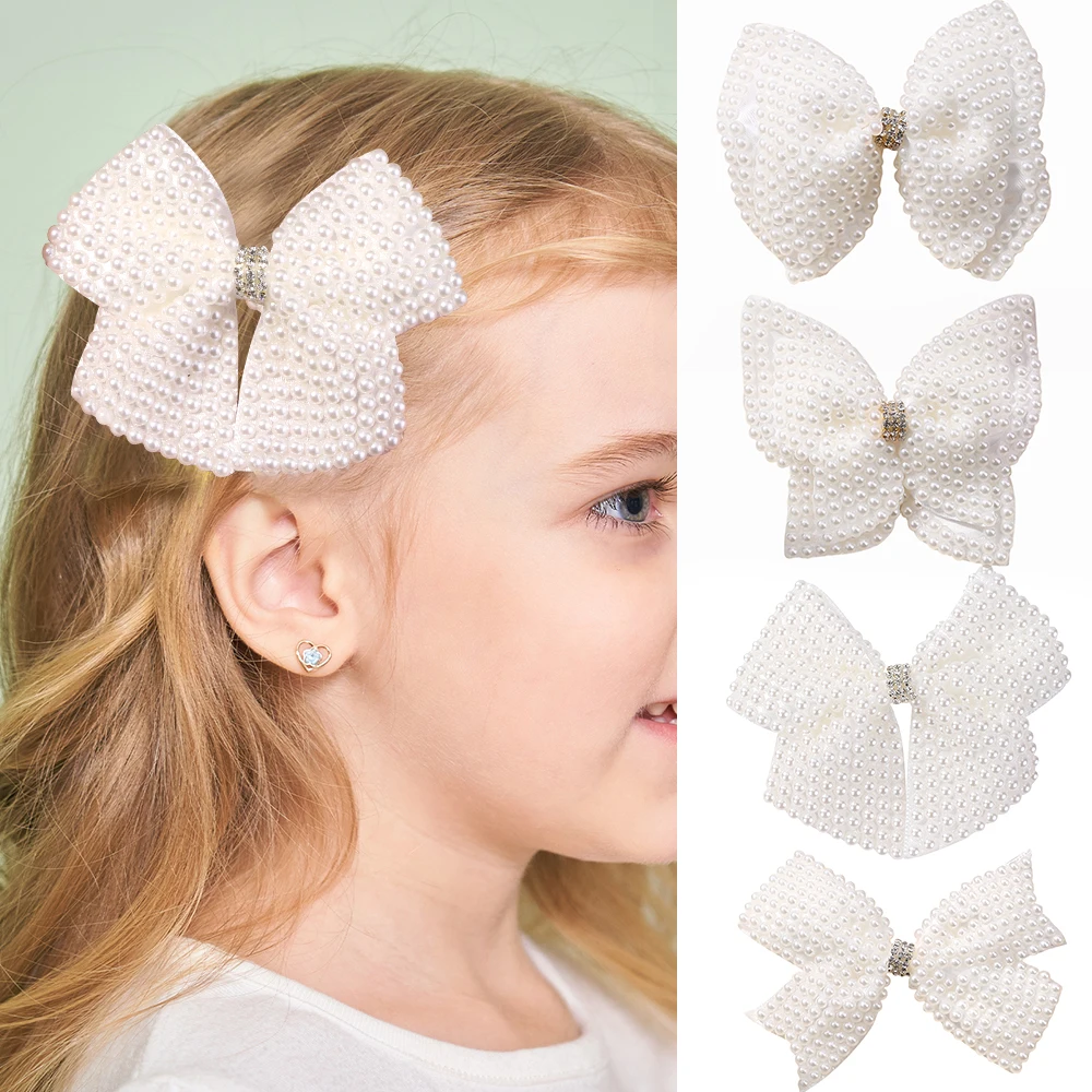 

White Pearl Hair Bows With Hair Clips For Girls Kids Boutique Layers Bling Rhinestone Center Bows Hairpins Hair Accessories