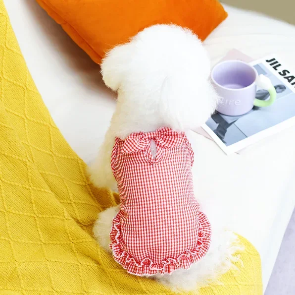 1pc Pet minimalist small grid tank top dress, cute lace breathable pet fluffy skirt
