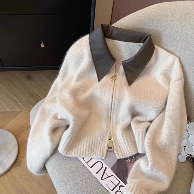 Epligg Spliced Leather Collar Knit Sweater Fashion Double Zipper Cardigan Women\'s Autumn/Winter Soft Vintage New Long Sleeve